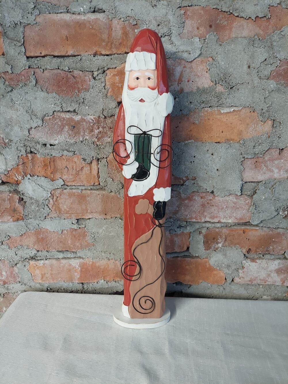 Santa Claus Christmas Figurine Wooden Hand Carved Folk Art Rustic 18 Inch Red